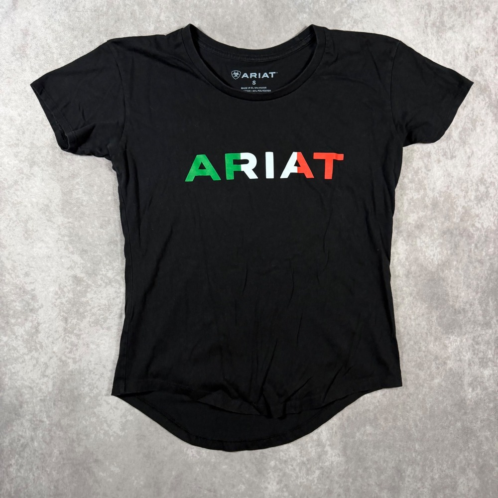 Ariat Womens Black Tricolor Logo Graphic Short Sleeve T-Shirt Size Small Casual
